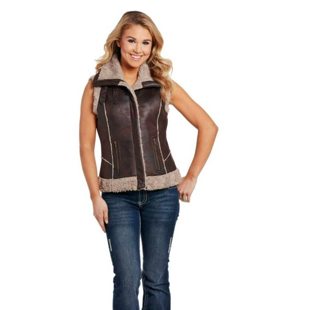 Cripple Creek Western Vest Womens Faux Aviator Vegan Leather and Fur L Pinecone